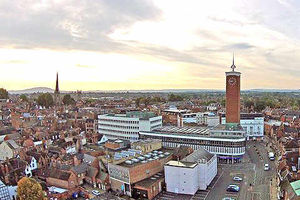 The Market Hall complete with clock tower viewed from the Welsh Bridge side