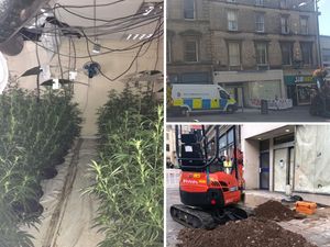 A cannabis farm, left, was found in the old Nationwide building, top right, last August. Workers had to dig into the street to isolate the power, bottom right.