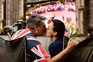 Diego Palacios and Lorena Palacious from Shrewsbury enjoy a kiss during the live screen of the Royal Wedding in Shrewsbury