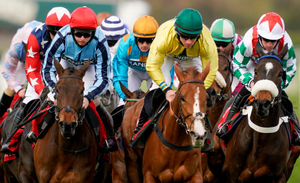 Runners and riders during The Goffs UK Nickel Coin Mares' Standard Open NH Flat Race at Aintree Racecourse, Liverpool. Pic: Alan Crowhurst/PA Wire