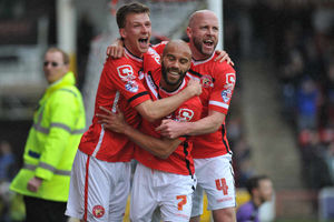 Paul Downing celebrates after scoring for Walsall.