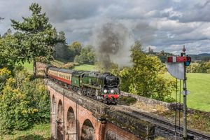 Locomotive 34027 Taw Valley crosses the Oldbury Viaduct on the Severn Valley Railway