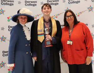 Derwen College graduate Byron (centre) with the High Sheriff of Shropshire Jane Trowbridge JP (left), and a staff member. Picture: Derwen College