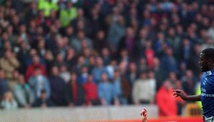 Steve Bull stretches beyond Michael Johnson to knock home Wolves last minute winner.