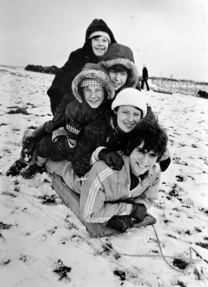 February 14, 1978: 'Winter sports fans found it tough going on the Beacon at Walsall. There was just too little snow about for them to get up speed. But these five tobogganists were determined to enjoy their downhill run. They are, top to bottom: Amanda Williams, aged 7; Ian Mason, aged 12; Jeremy Williams, aged 13: Tracey Williams, aged 16; and Malcolm Mason, aged 20.'