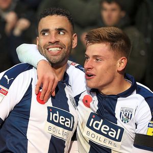 Hal Robson-Kanu celebrates his opening goal against Leeds with Harvey Barnes. (AMA)