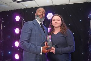 BUSINESS COPYRIGHT NATIONAL WORLD TIM STURGESS 13/11/24.  Ladder for the Black Country  Apprentice Awards 2024 .The Richardson Suite at West Bromwich Football Club. Pictured,Abbie Farr-Smith wins the professional service award.
