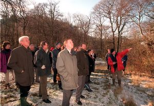 Geologist Peter Toghill, far right, points out the geology of the Ercall site in February 1999.