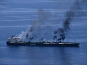 Supporting image for story: Greek-flagged tanker burning after Houthi attacks, but no sign of oil spill