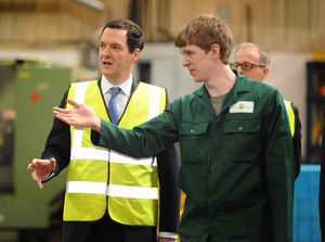 George Osborne with apprentice Chris Hamblett-Jones, during a visit to Westley Plastics Ltd