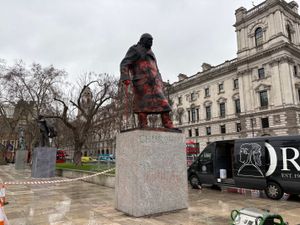 Supporting image for story: Winston Churchill statue daubed with graffiti calling him ‘Zionist war criminal’