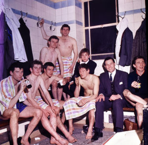 Arthur, second from right, with his Shrewsbury Town players in the dressing room after their FA Cup draw against Arsenal in 1968.