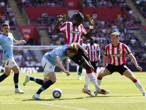 Manchester City’s Kevin De Bruyne (left) is fouled by Southampton’s Lesley Ugochukwu