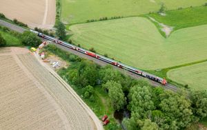 The train crashed into a tractor and trailer at about 10.50am today. Photo: SWNS