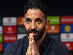 Ruben Amorim closes his hands together during a Manchester United press conference