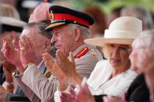 King Charles III and Queen Camilla during the national Service of Remembrance, hosted by the Royal British Legion in partnership with the Government, to mark the 80th Anniversary of VJ Day at the National Memorial Arboretum in Alrewas, Staffordshire. Picture date: Friday August 15, 2025. PA Photo. Photo credit should read: Alastair Grant/PA Wire 