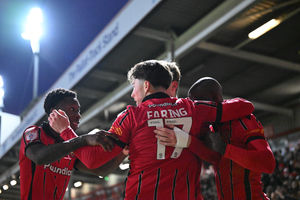 Nathan Lowe celebrates his goal for Walsall against Newport County (Owen Russell)