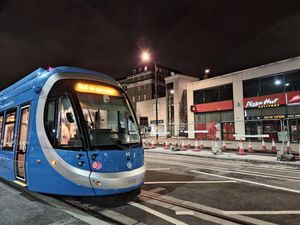 Test trams approach the Edgbaston Village terminus at Hagley Road. Photo: Midland Metro Alliance