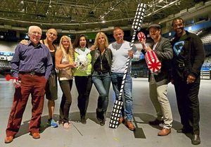 Now: John Anderson, referee; Wolf, Michael Van Wijk; Lightning, Kim Betts; Jet, Diane Youdale, Ulrika Jonsson; Ace, Warren Furman; Hunter, James Crossley, and Saracen, Mike Lewis
