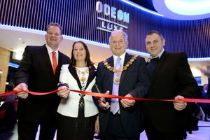 The Mayor of Stafford, Councillor Ray Barron and Mayoress Jenny Barron pictured with Duncan Kerr, Project Manager, Odeon Luxe, left and General Manager Martin Purchase