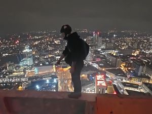 Thrill-seeker jumps from the 509ft One Eastside' tower block at the corner of James Watt Queensway in Birmingham