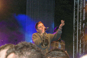 Professor Green on stage at Harper Adams