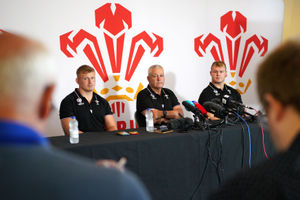 Wales head coach Warren Gatland, centre. with co-captains Jac Morgan, left and Dewi Lake 