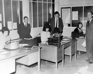 Office staff at South Shropshire Farmers Ltd at Craven Arms in 1969. The caption read: 'Mr C. Macadie (right), branch office manager, with office staff.'