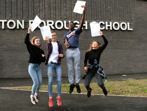 Eliza Ensor, Dylan Lane-Craddock, Paa Appoh and Teagan Lindley celebrate their GCSE results at Burton Borough School 