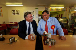 Ed Balls MP visits the Hednesford Station cafe to promote Labour candidate Janos Toth, right.