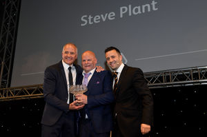 Steve Plant with his award resented by Steve bull and Laurie Dalrymple at the Wolverhampton Wanderers End of Season Dinner.