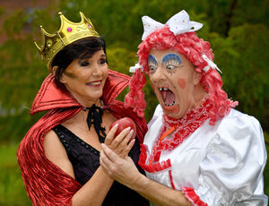 Former Nolan sister Maureen Nolan as Wicked Queen Cruella and Keith De Winter as Dame Duddles joke around.