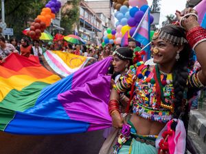 Supporting image for story: Same-sex couples and LGBTQ+ activists rally in Nepal’s capital for Pride parade