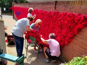Supporting image for story: Baschurch residents create breathtaking handmade poppy fall to hang from church tower
