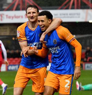 Luca Hoole celebrates extending Salop’s lead over Accrington Stanley. Picture: Tim Thursfield