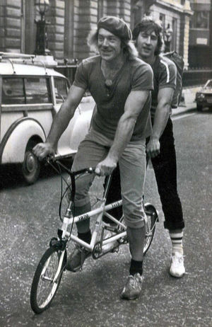 Edwin Drummond, front, pictured with Colin Rowe, cycling through London ahead of their appearance before Bow Street magistrates after scaling Nelson's Column in 1978.