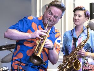 Trumpeter Nick Dewhurst with his wife, saxophonist Beth Fisher-Dewhurst, at the Cathedral Hotel