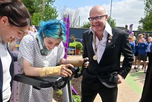 Harry Hill with Robin Alger at the opening of the Garden for Alice at the Robert Owen and Agnes Hunt Orthopaedic Hospital.