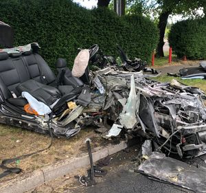 The wreckage of the car following the crash at the junction of Bescot Crescent and Wallows Lane, near the Banks's Stadium. Image: Walsall Fire Station./West Midlands Fire Service