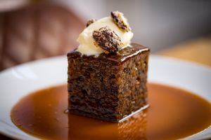 Banana cake with butterscotch sauce