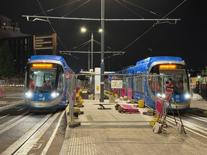Trams at the new stop on Albert Street, next to Moor Street Queensway