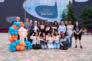 Students and staff from Central St Michael's Sixth Form College in West Bromwich celebrating A Level results with Mayor of the West Midlands, Richard Parker. Photo: Edward Moss