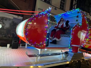 Caption: Santa in full flight on the Shrewsbury Severn Rotary Club sleigh.
