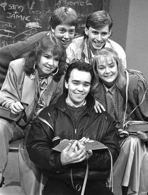 Members of the cast of children's TV series Grange Hill (clockwise from left) Susan Tully, John McMahon, Mark Baxter, Alison Bettles and Todd Carty.