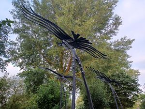 Sculptures in garden were created by specially for the Falkland Islanders Resistance Memorial 