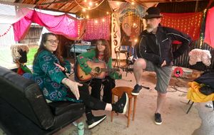 Gaea Knight, Maryen Cairns and Ian Black inside the tribal voices tent