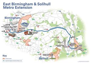 Map showing the proposed route of the East Birmingham North Solihull tram extension. Taken from West Midlands Combined Authority press release.