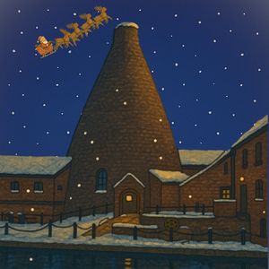 Saint Nick soaring through the winter sky, passing over Stourbridge’s iconic red glass cone, blending Christmas magic with the town’s rich glassmaking heritage.