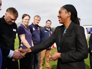 Conservative Party leader Kemi Badenoch meeting staff during a visit to Stratford Town Football Club, in Tiddington, Stratford-upon-Avon, while on the local election campaign trail