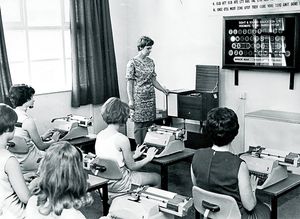 This picture dates from June 1968 and shows the Sight and Sound Education touch-typing school in Broad Street, Wolverhampton. The accompanying caption said in part: 'The first batch of students passed out of a new touch-typing school in Wolverhampton today - only 12 days after the course started. The school teaches typing by a new method which can bring pupils up to the same level of proficiency after 12 daily lessons of one hour each, as they would reach by learning to type by other methods in 18 months.' 